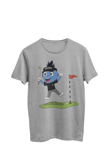 WooHooBerry exuberantly leaps for joy near the next hole of the golf course, clutching a golf club in hand. His black T-shirt features the WooHoo Apparel logo, and his golf visor proudly displays 'WooHoo.' The gray T-shirt resonates with the joyful and active scene.